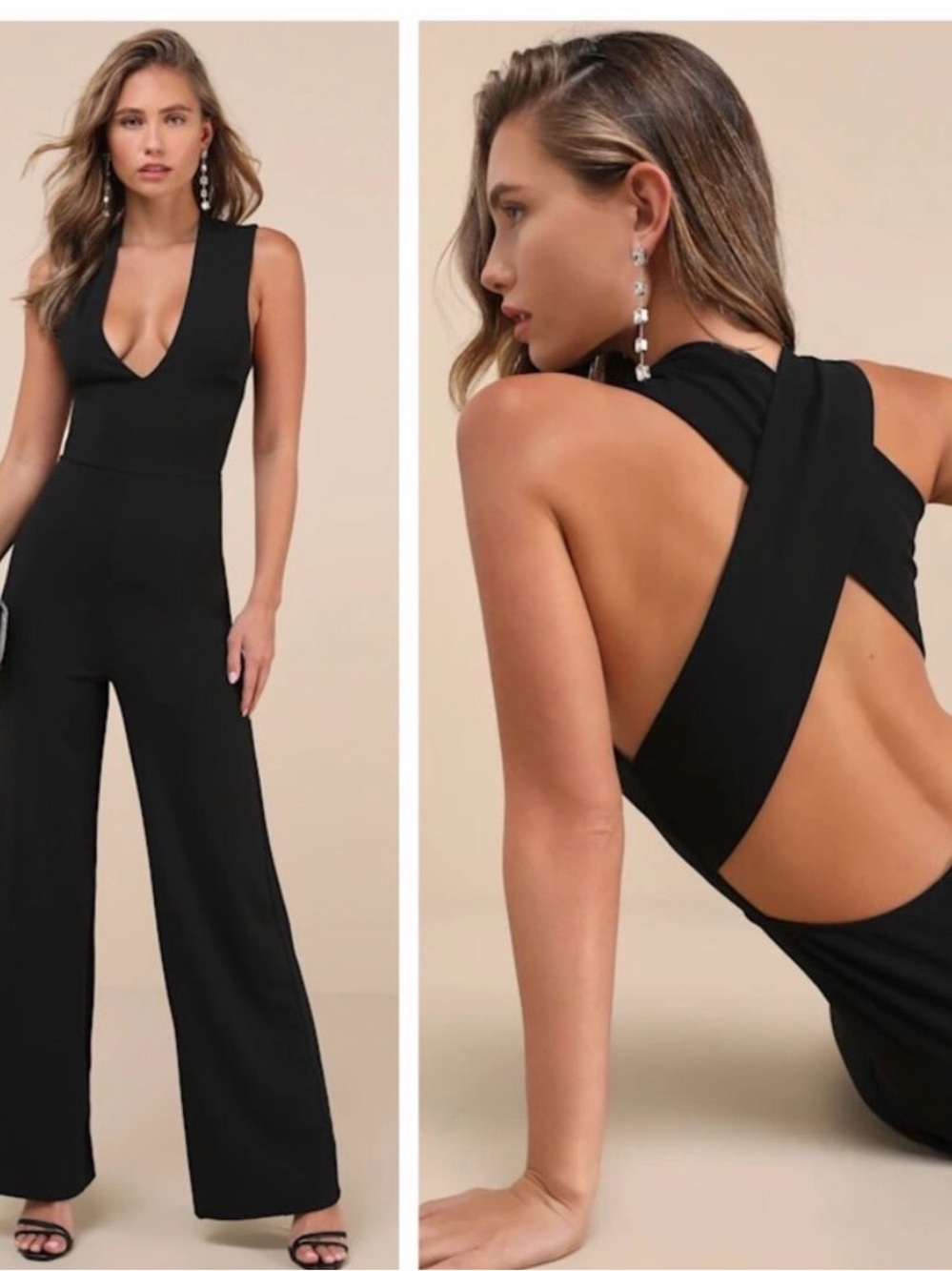 Lulu's Thinking Out Loud Black Sleeveless Cross-Back Wide-Leg Jumpsuit NWT XL